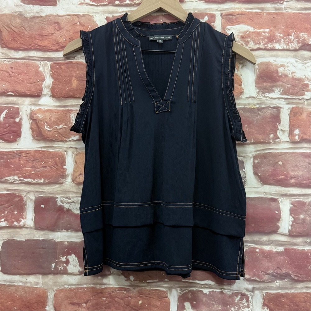 Adrianna Papell Top Women's XS Blue Denim Look Chic Ruffle Casual Career Shirt